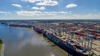 Image shows water, container ships, containers, cranes, blue sky.