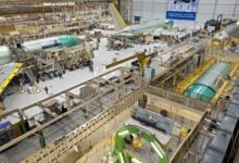 Inside view of airplanes being assembled at the Boeing factory.