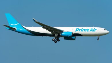 Light-blue tailed Amazon Prime Air jet with wheels down for landing against blue sky.