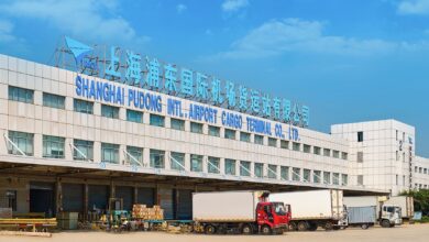 Front facade of Shanghai Pudong International Air Cargo Terminal.