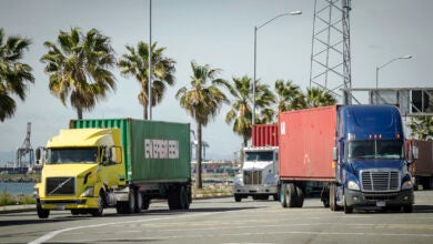 Trucks with containers at the Port of Los Angeles