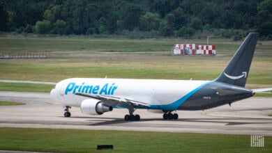 An Amazon Prime Air Boeing 767 seen taxiing at an airport. Cargojet operates some Amazon-supplied freighters.