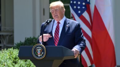 Donald Trump at the podium in the Rose Garden.