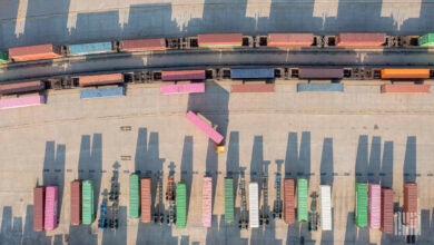 Containers, chassis and wellcars at a South Dallas railyard