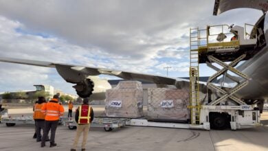 Cargo being loaded with hydraulic lifts onto a plane. View from below the wing.