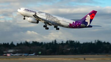 Purple-tailed Hawaiian Airlines jet with face logo takes off with green trees in background.