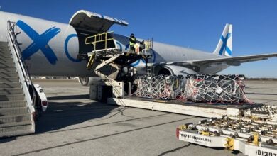 Pallets of cargo are moved onto a cargo jet with a hydraulic lift machines on a sunny day.