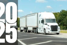 a 2025 banner on the left with a white tractor pulling two LTL trailers on a highway