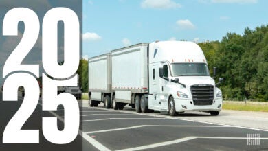 a 2025 banner on the left with a white tractor pulling two LTL trailers on a highway