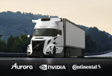 An autonomous tractor trailer on a road