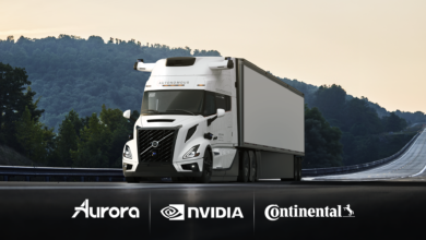 An autonomous tractor trailer on a road