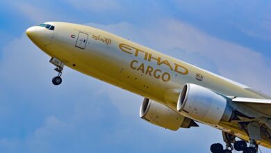 A closeup of an Etihad Cargo jet just after taking off.