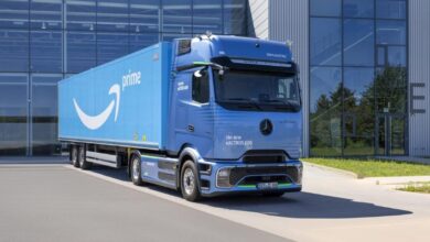 A picture of a Mercedes-Benz cabover truck with an Amazon Trailer