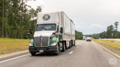 an Old Dominion daycab pulling two pup trailers on a highway