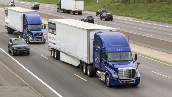  Research suggests that trucks running in platoons can save between 4% and 10% in fuel depending on their position in the platoon. ( Photo: Peloton ) 