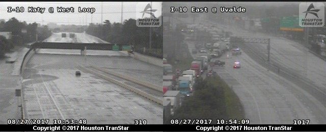  These images are from Texas traffic cameras in the Houston area as of Sunday morning. The image on the left is flooding under a bridge on I-10 in Katy, Texas, while the image on the right is traffic being diverted off I-10 due to flooding on the highway in Uvalde. 