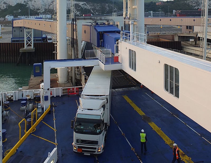  A truck drives onto a ferry at the Port of Dover in England. The port is fighting truck congestion and rents a lot not far away from the port to stage trucks if needed. ( Photo: Wikimedia Commons/ Ad Meskens )  