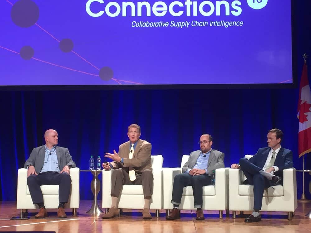  Craig Fuller, Stephen Rogers, Brian Glick, and Austin Mills discuss blockchain at Connections 2018. ( Photo: FreightWaves ) 