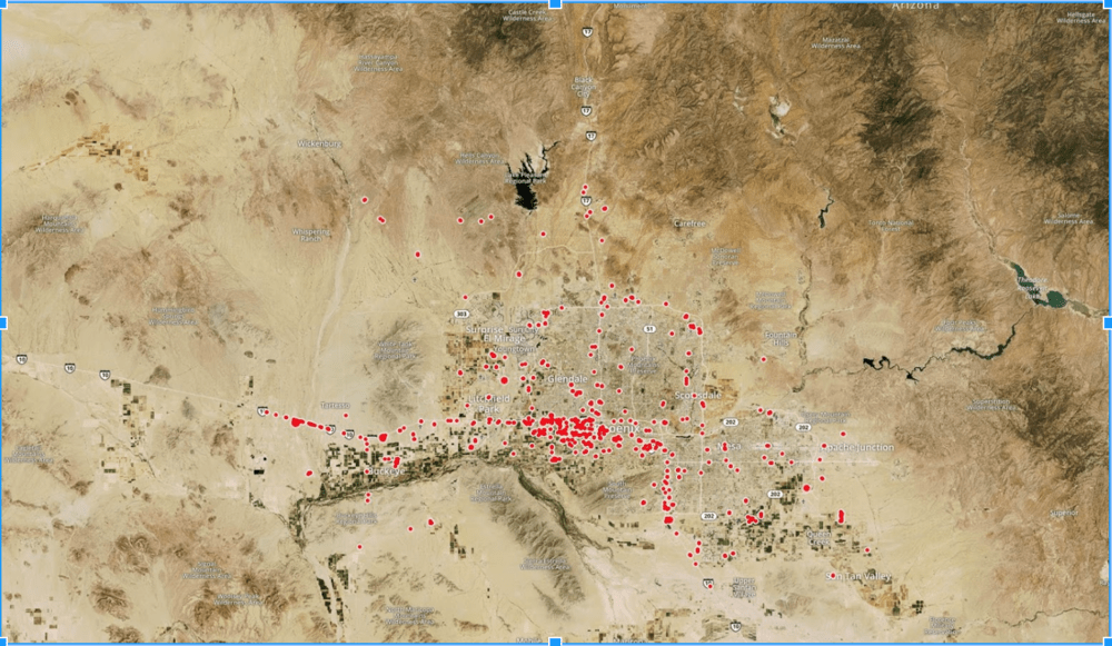  Phoenix GPS pings from trucks originating at the Ports of LA & Long Beach 48 hours later. ( Map: FreightWaves ) 