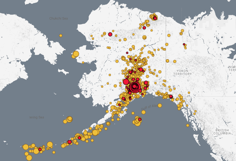  Seismic activity in Alaska over the previous two weeks. ( Map: Alaska Earthquake Center ) 