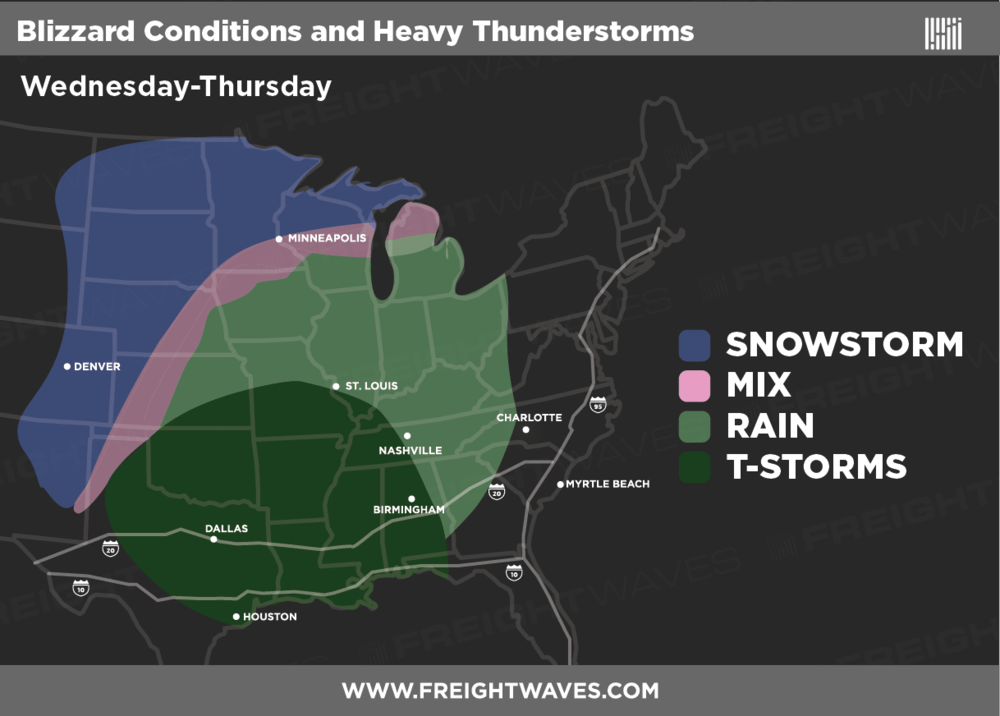  Estimated areas of precipitation Wednesday and Thursday.  (Source: FreightWaves)  