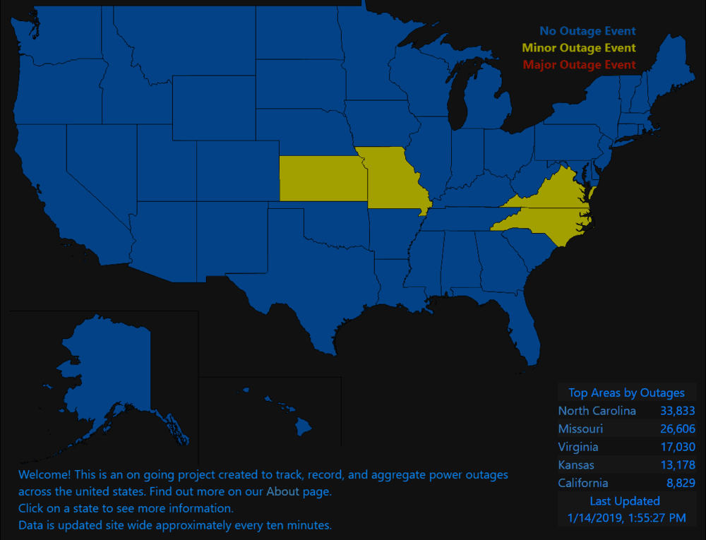  Poweroutage.us reports as of 2:00 p.m. EST on Monday, January 14, 2019. 