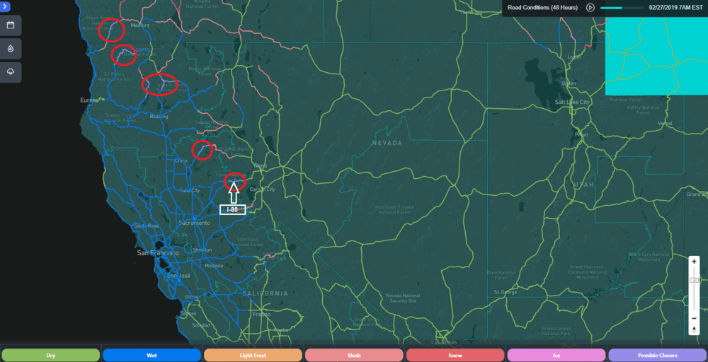  SONAR road conditions showing possible closures in the Sierra Nevada Range early Wednesday, February 27, 2019. These are indicated by the purple-colored roads circled in red. 