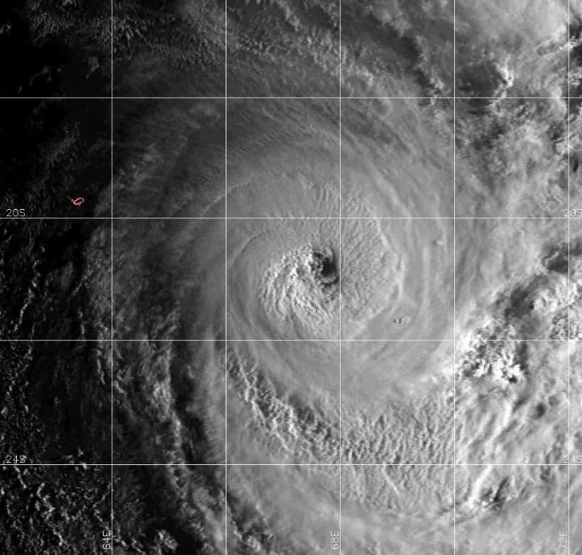  Satellite photo of Cyclone Joaninha, early morning of March 28, 2019. The island of Rodrigues is outlined in red to the left of the storm.  (Photo: Fleet Numerical Meteorology & Oceanography Center (FNMOC).  