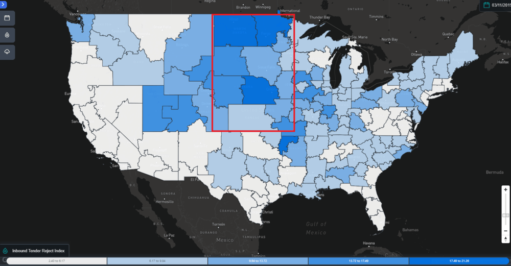   SONAR ticker: Inbound Tender Rejection Index - U.S. on March 11, 2019.  