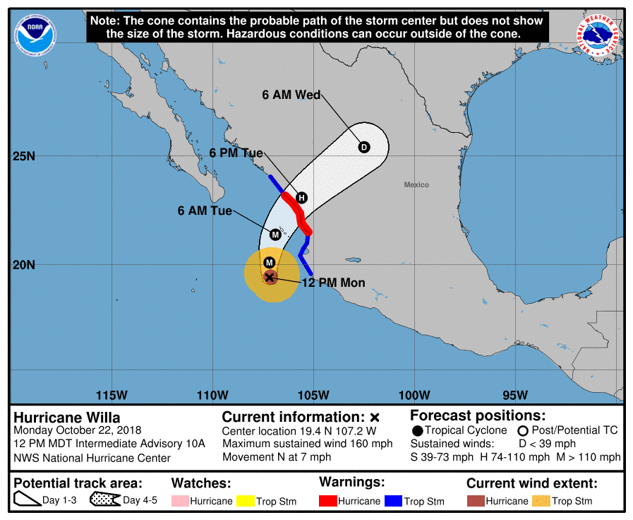  Forecast for Hurricane Willa, as of 2 p.m. EDT, October 22.  (Source: NOAA)  