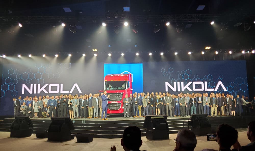  Nilkola Motor Company employees gather on stage during Nikola World 2019 in Scottsdale, Arizona, on April 16, 2019, ( Photo: Brian Straight/FreightWaves ) 