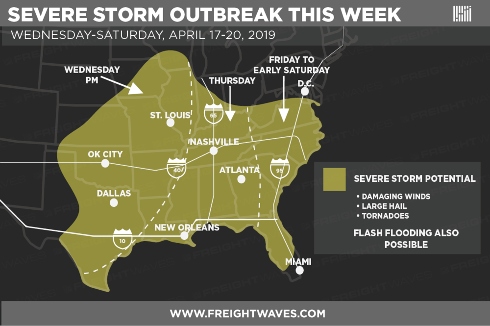  Estimated areas of potential severe storms. (Source: NOAA) 