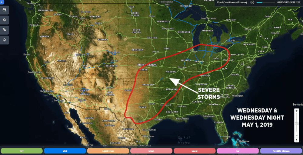  SONAR Road Conditions: April 29, 2019, 5:00 p.m. EDT. Estimated area of severe storm potential for May 1, 2019 outlined in red. 