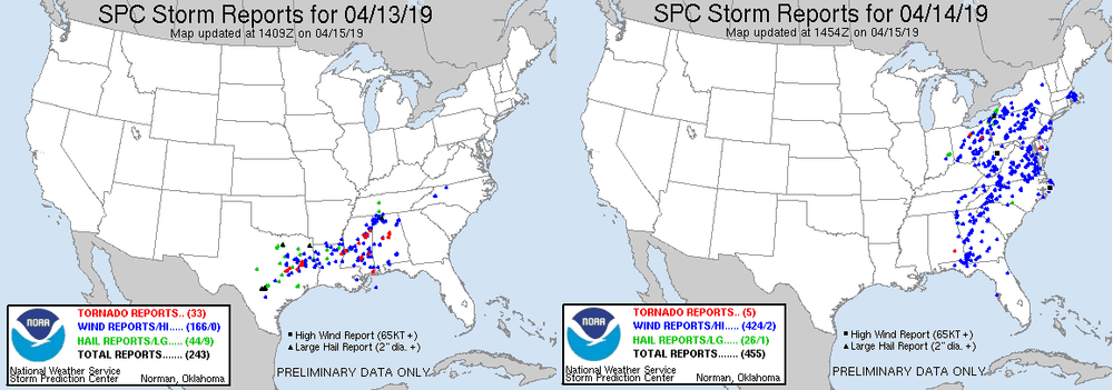  Severe storm reports, April 13, 2019 and April 14, 2019. Tornado reports in red, damaging winds (at least 58 mph) in blue and hail (at least one inch in diameter) in green.  (Source: NOAA)  