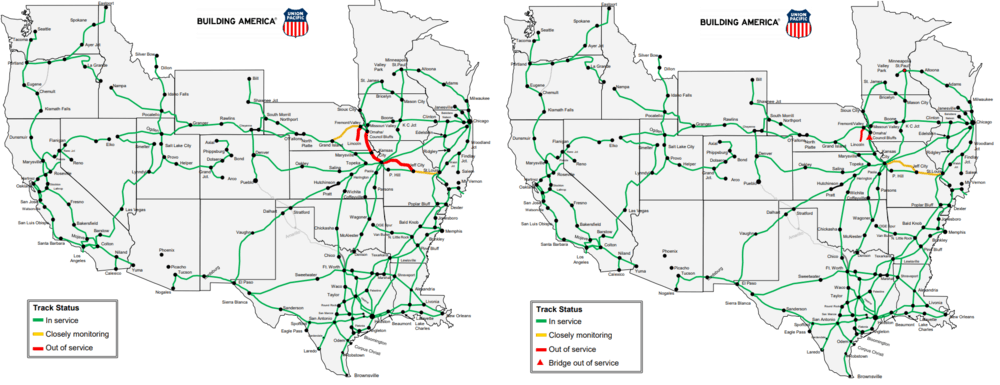  Union Pacific rail outages: March 28, 2019 (left), April 9, 2019 (right) 