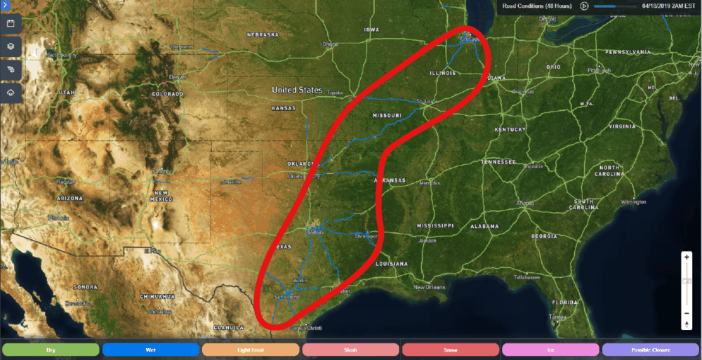  SONAR Road Conditions: 2:00 a.m. EDT, April 18, 2019. Wet roads (colored in blue) in severe storm target zone (circled in red). 