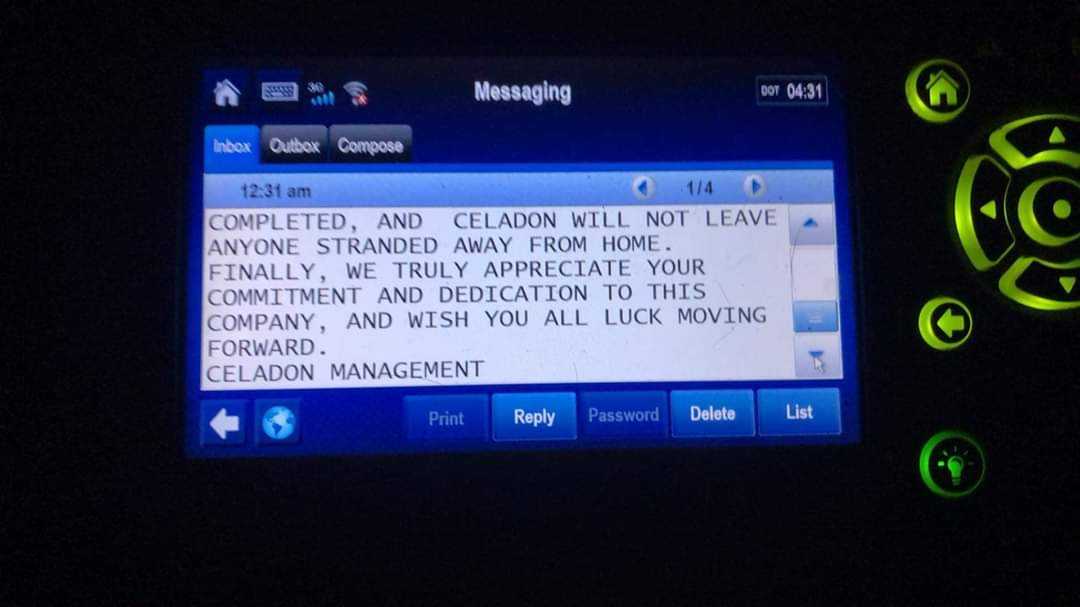 Celadon fleetwide message to drivers