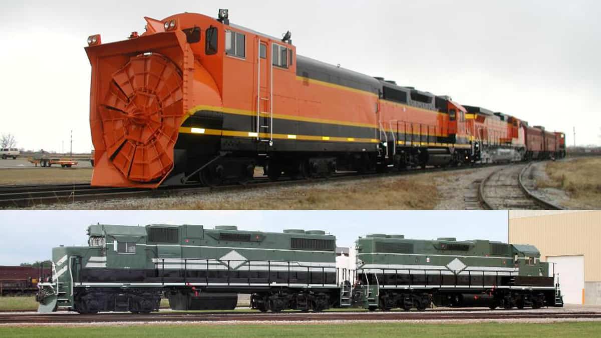 An image consisting of two photographs. In each photograph, there is a photo of a locomotive.