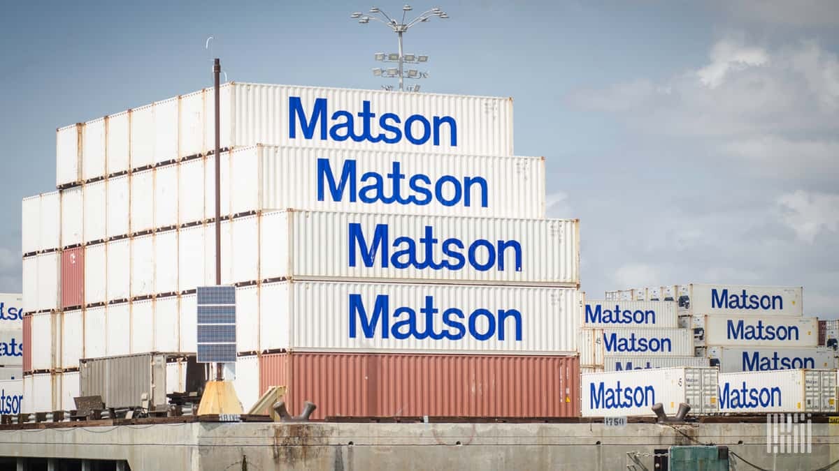 Matson containers positioned almost by themselves in this part of a port holding area.