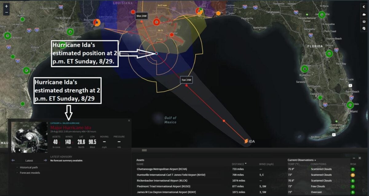 (Map: FreightWaves SONAR Critical Events. Hurricane Ida on Aug. 28, 2021, 8 a.m. ET.) 
