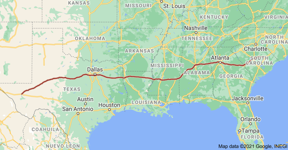 Amtrak To Study New Route From East Coast To Dallas Fort Worth   Fwc I 20 Map Google 1200x624 