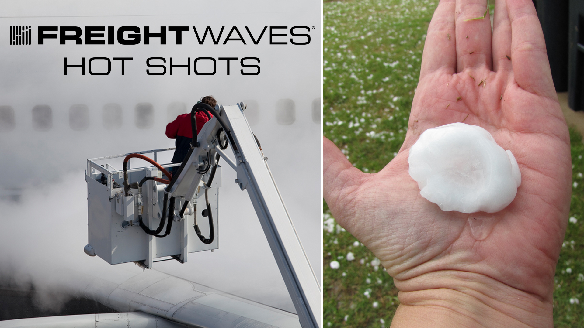 Photo montage of a plane being deiced and someone holding a large hailstone.