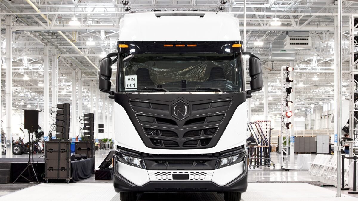 Nikola's first production battery-electric truck at the end of the assembly line