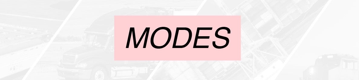 The logo for the MODES newsletter, which has MODES is written in black type against a pink background on top of a light background with four images including a commercial truck, a freight train and cargo ship at a port to show modes of transportation.