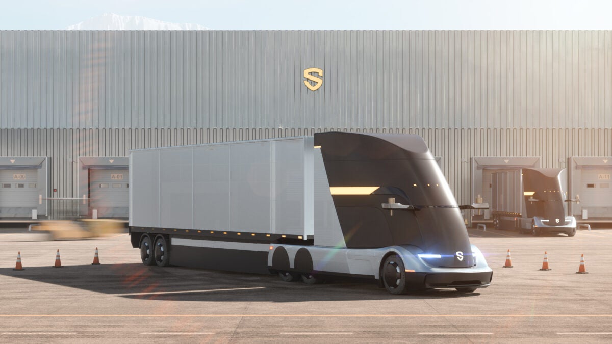 Computer imagery of a Solo cabless truck outside a warehouse