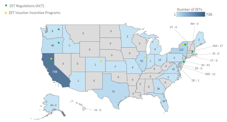 U.S. map showing state-by-state numerical breakdown of zero tailpipe emission trucks and buses.