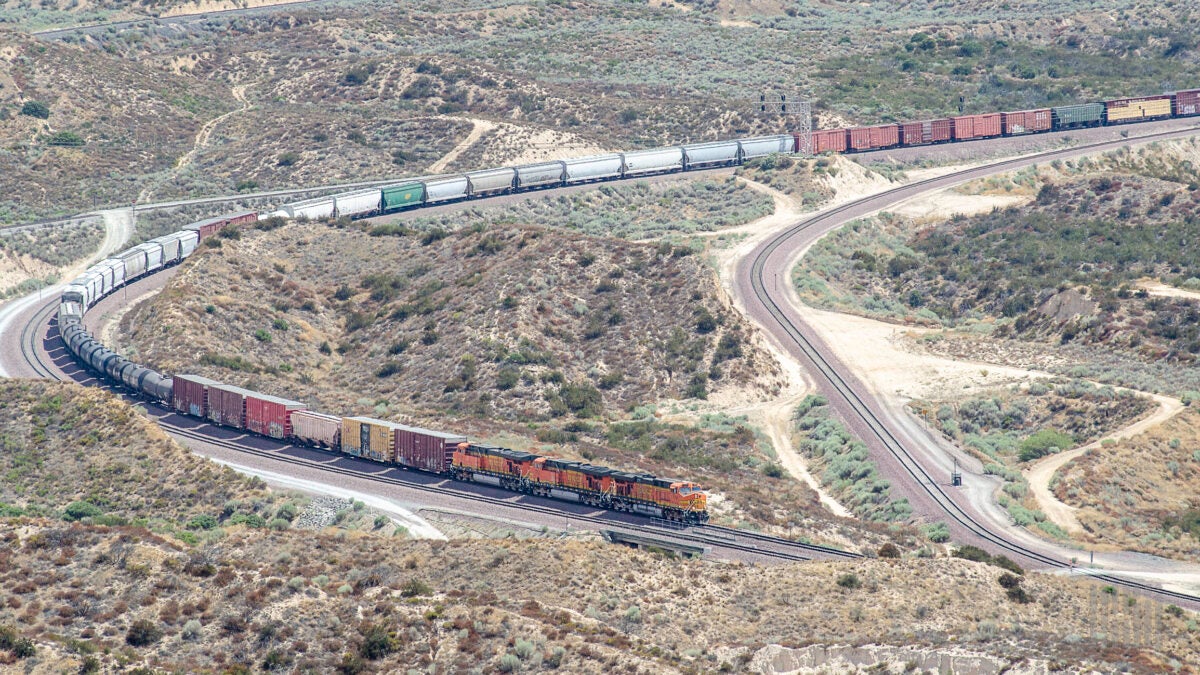 A BNSF train in the Cajon Pass in Southern California.