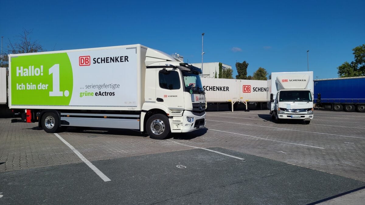 Trucks and swap bodies at DB Schenker logistics operation in Frankfurt, Germany.