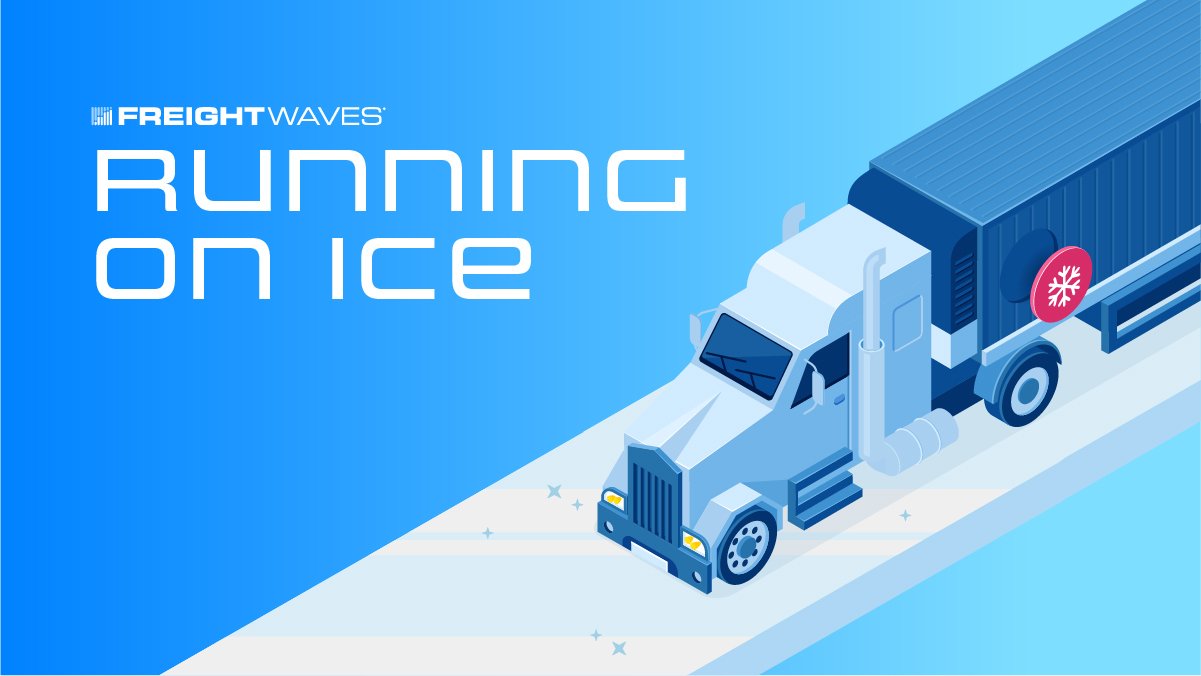 Logo running on ice with a blue truck on a sheet of ice on a blue background