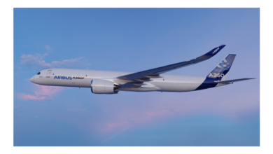 Rendering of a large jet with Airbus logo flying against blue sky.